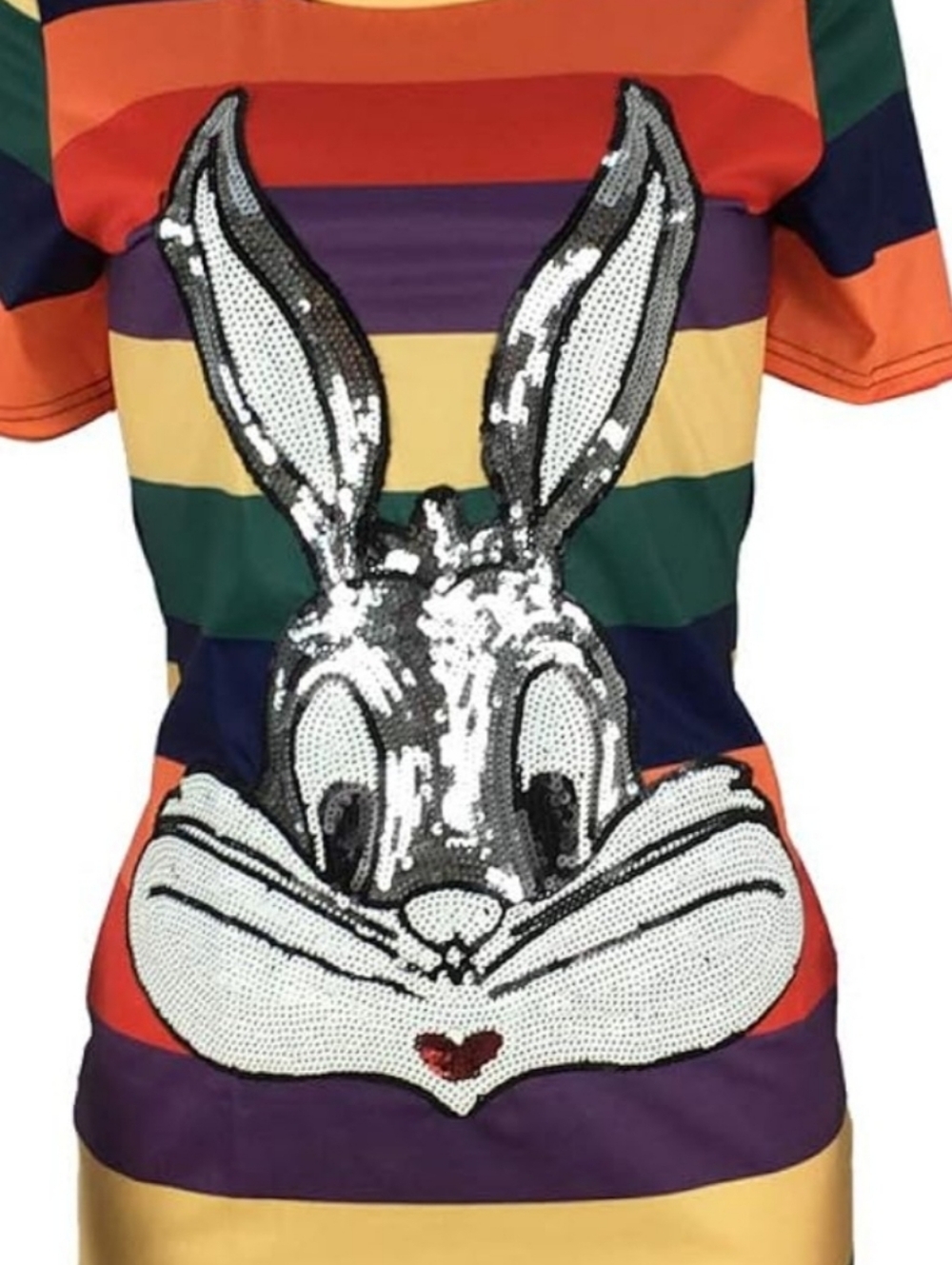 Sequin Bunny Striped Tee Dress in Multicolor